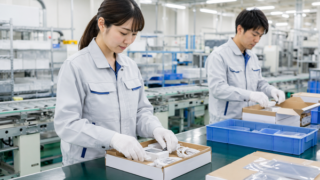 工場でキッティング作業をしている