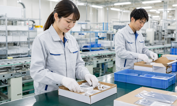 工場でキッティング作業をしている