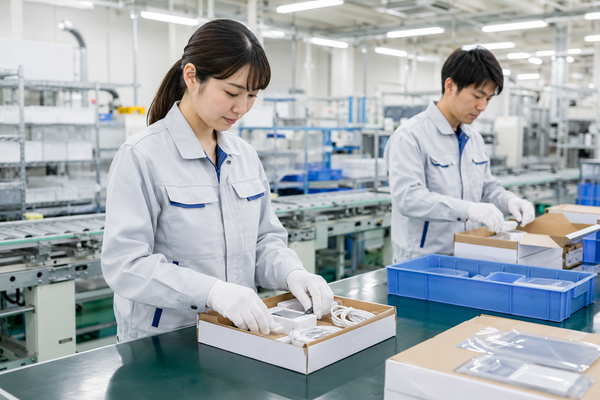 工場でキッティング作業をしている